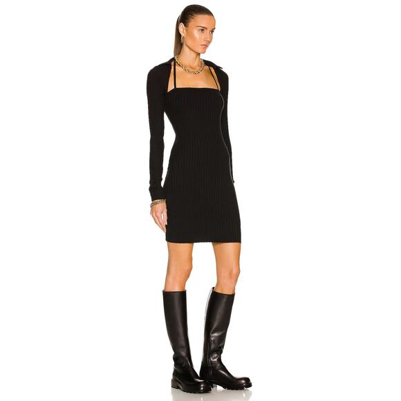 Helmut Lang Lux Pima‎ Long Sleeve Dress Black Ribbed Mini Collared Sz L - Picture 4 of 12